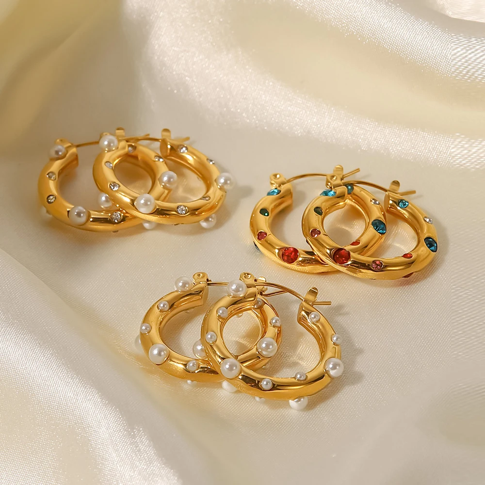 Винтажные серьги-кольца Uworld с разноцветным Цирконом и жемчугом крупные 25 мм