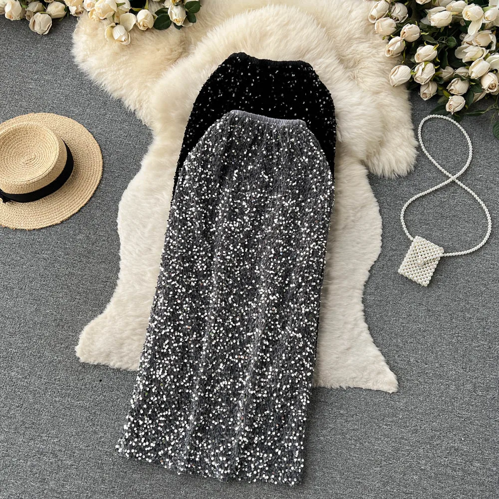 

Clothland Women Fashion Sequined Midi Skirt Elastic Waist Shiny Party Club Shinning Chic Sexy Mid Calf Skirts BA174