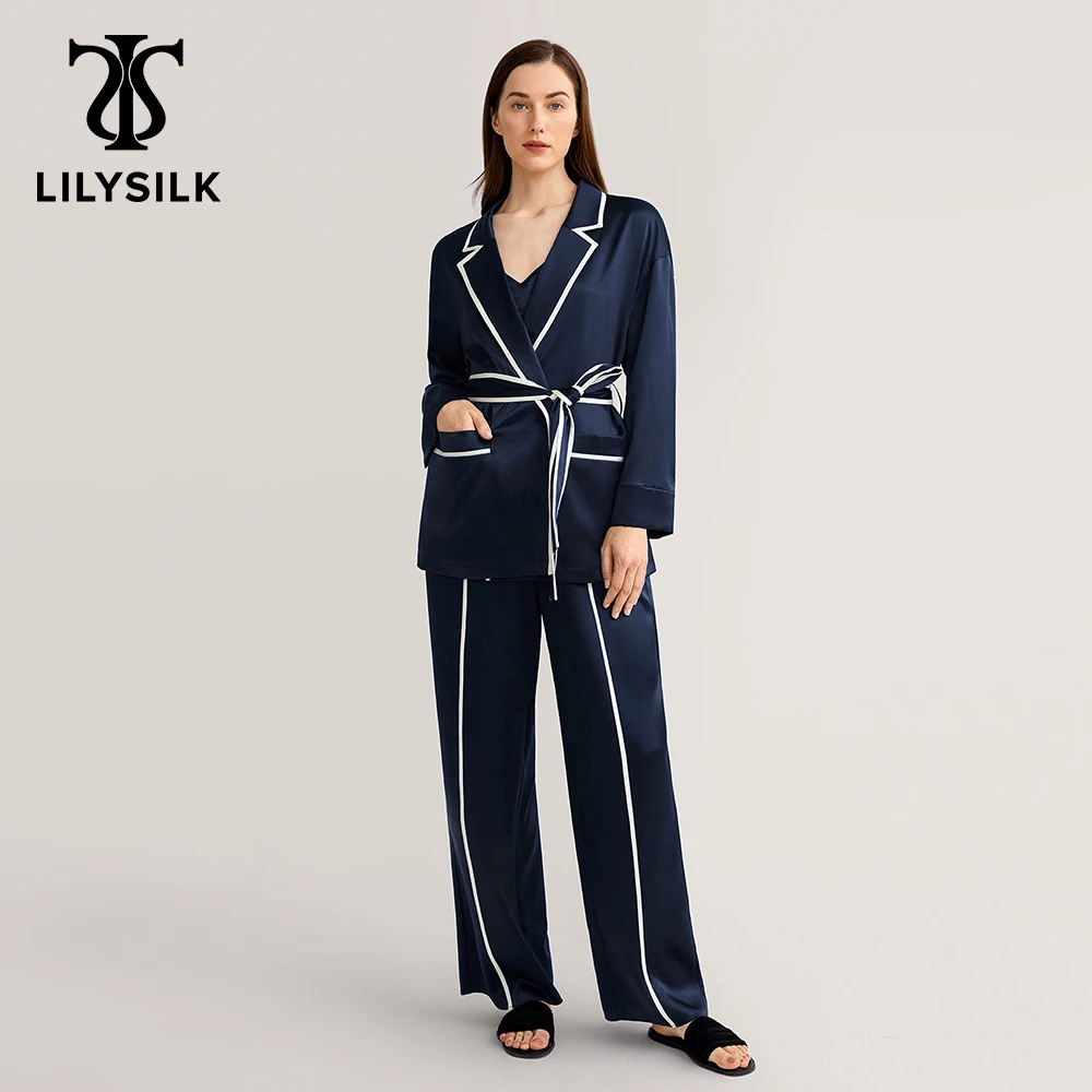 

LILYSILK Silk Lapel Collar Robe Women 22 Momme Contrast Trim Sleep Clothing With Tied Belt Female Home Outfits Free Shipping