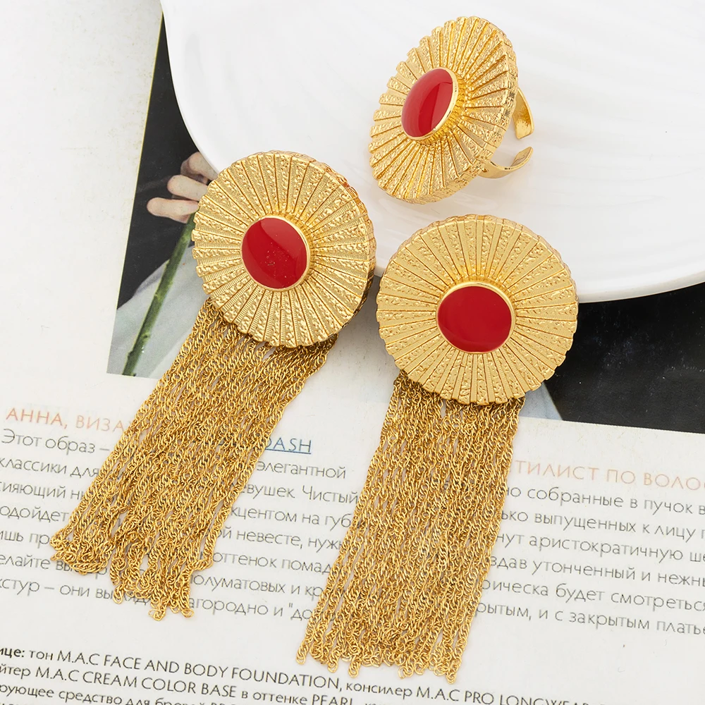 

Ethiopian Gold Color Earrings and Rings Set Women Dubai Fashion Luxury Tassel Jewelry Set Classic Lady Wedding Party Gifts