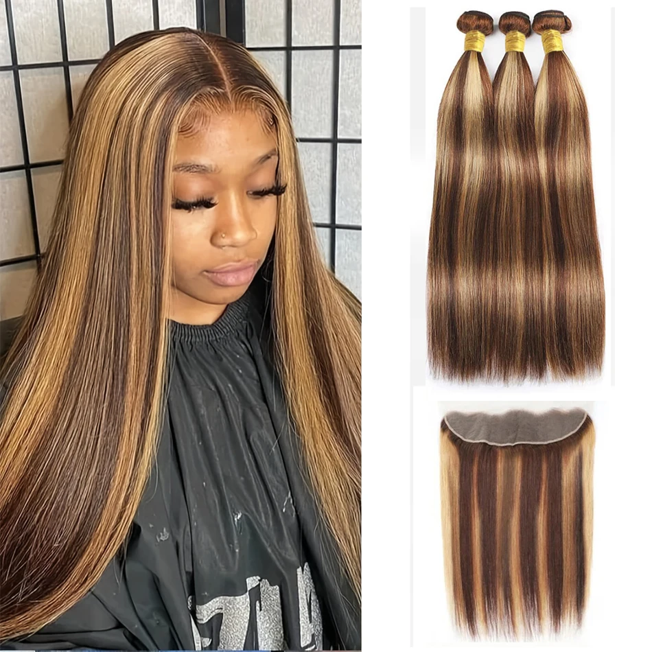 Bundles with Frontal P4/27 Ombre Honey Blonde Straight Brazilian Remy Human Hair 3/4 With 13x4 Transparent Lace