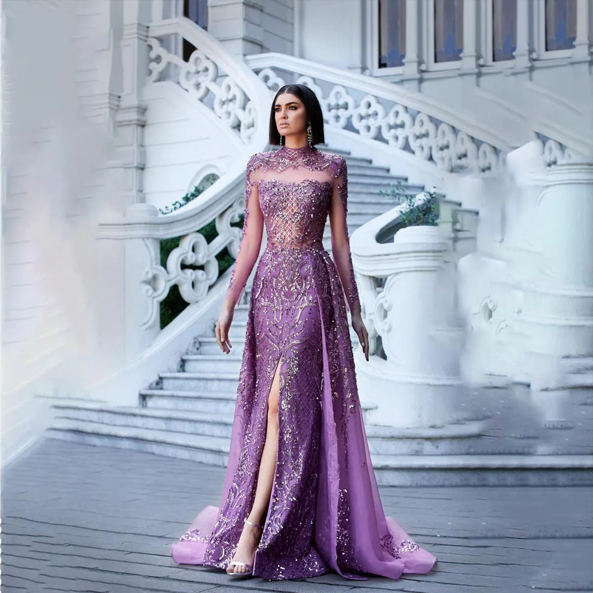

Женское вечернее платье с юбкой годе, роскошное платье с блестками и высоким воротом, с длинным рукавом и разрезом спереди, платье для выпускного вечера в Дубае, платье со шлейфом