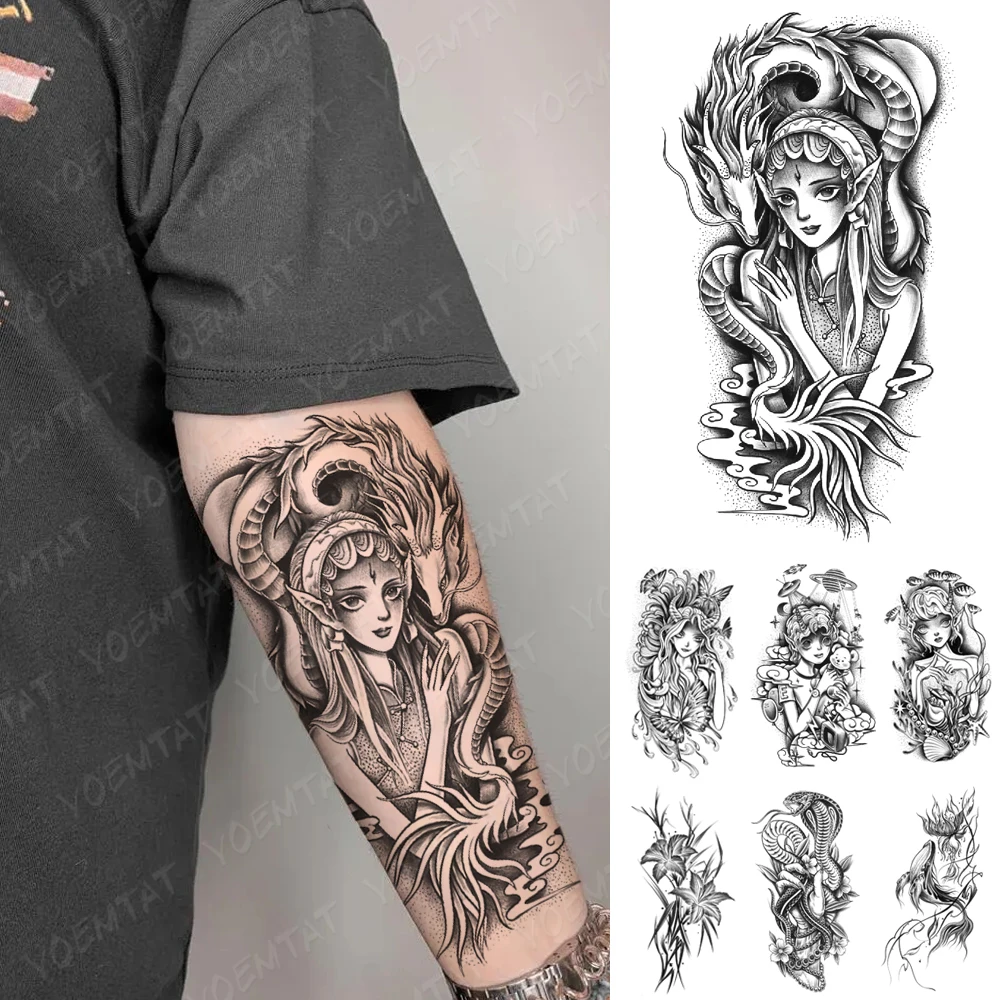 

Flying Dragon Girl Waterproof Temporary Tattoo Sticker Moon Snake Whale Anime Flash Tatoo Arm Women Men Fake Tattoos Body Art