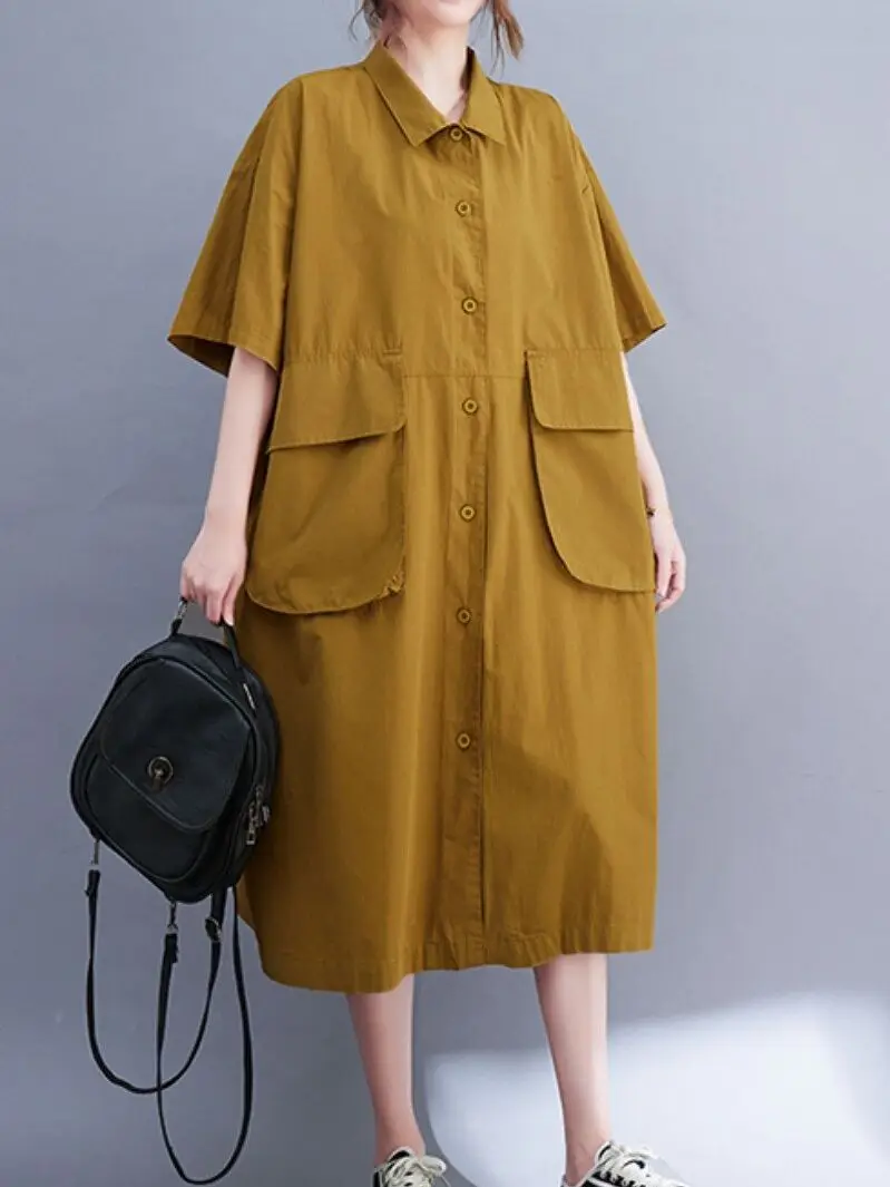 

Elegant Japanese Style Big Pockets Single Breasted Fashion Women Casual Blouse Summer Half Sleeve Dress Office Lady Work Dress
