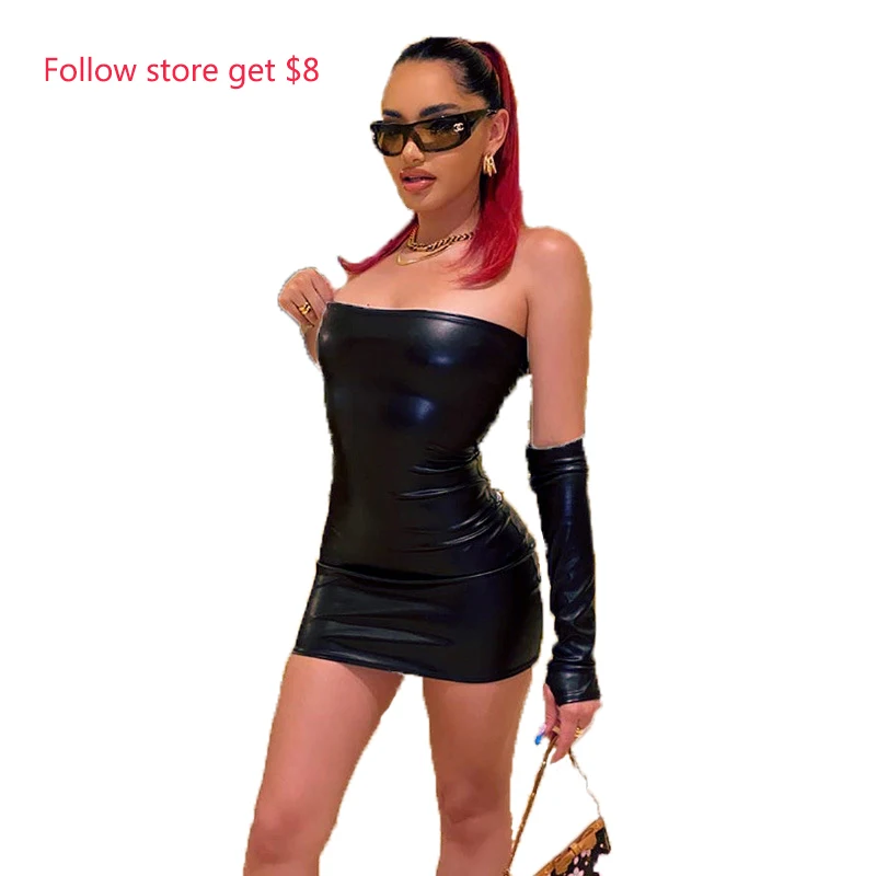 

Fashion Sexy Short Faux Pu Slim Body Dresses Women Wrapped Chest Hip High Waist Sleeveless Mini Dress Female Party Bar Clubwear