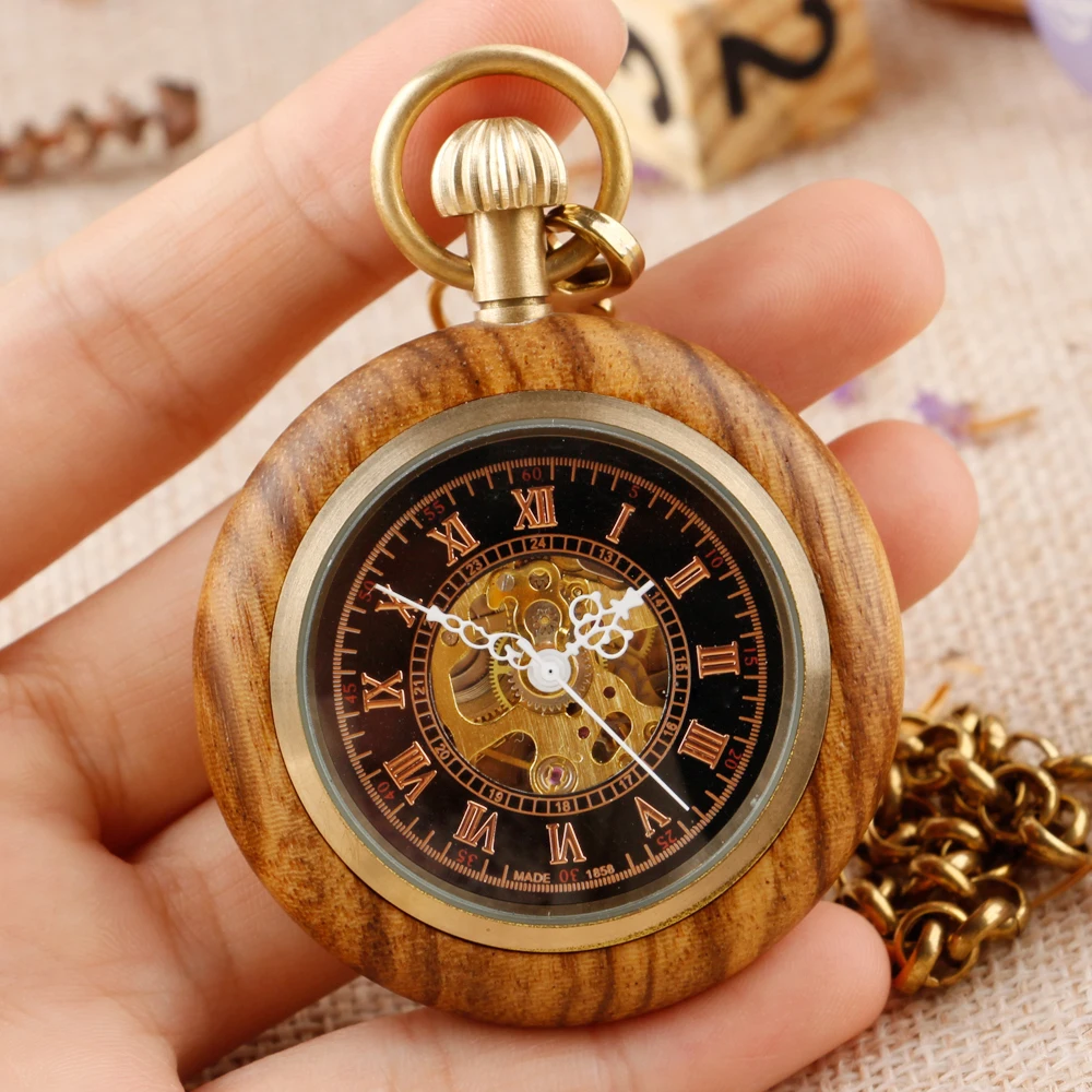 Casual Vintage Wood Mechanical Pocket Watch Steampunk Collectible Souvenir Pendant Gentleman Ladies Necklace