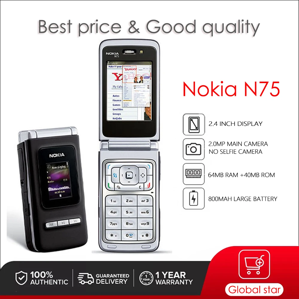 

Оригинальный разблокированный мобильный телефон Nokia N75, только английский, 2,4 дюйма, 800 мАч, МП, 64 Мб ОЗУ, 40 Мб ПЗУ, 3G