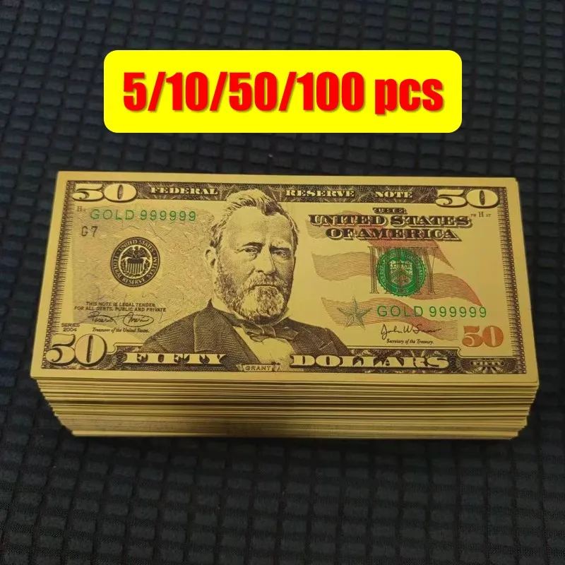 Золотые банкноты 5 ~ 100 шт США 24 К 50 долларов золотые бумажные деньги поделки для