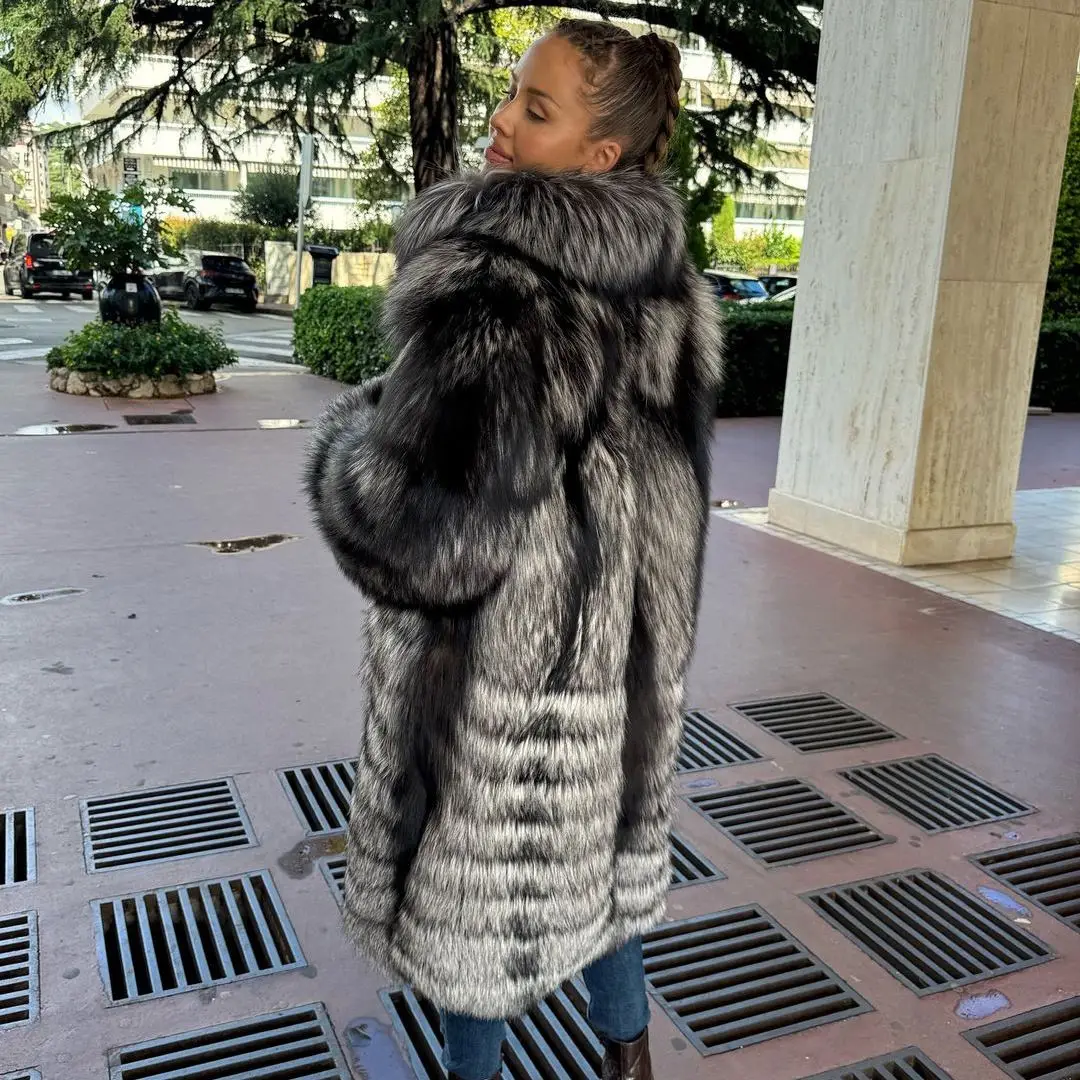 Длинное пальто из натурального серебряного лисьего меха 100 см с