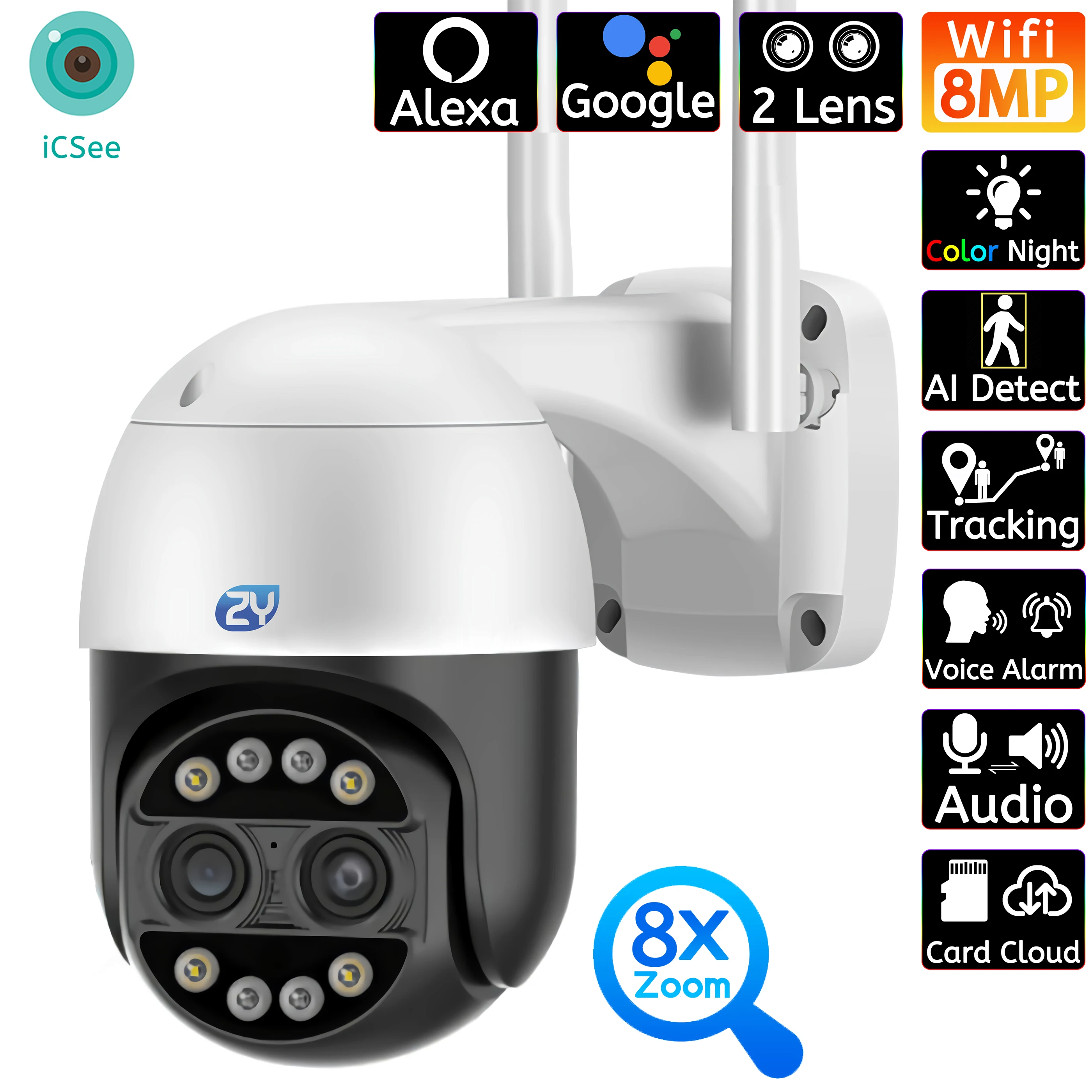 

8MP 4K IP Camera External WiFi Security CCTV Camera Dual-Lens Color Night Vision 8X Zoom Surveillance Camera Works with Alexa