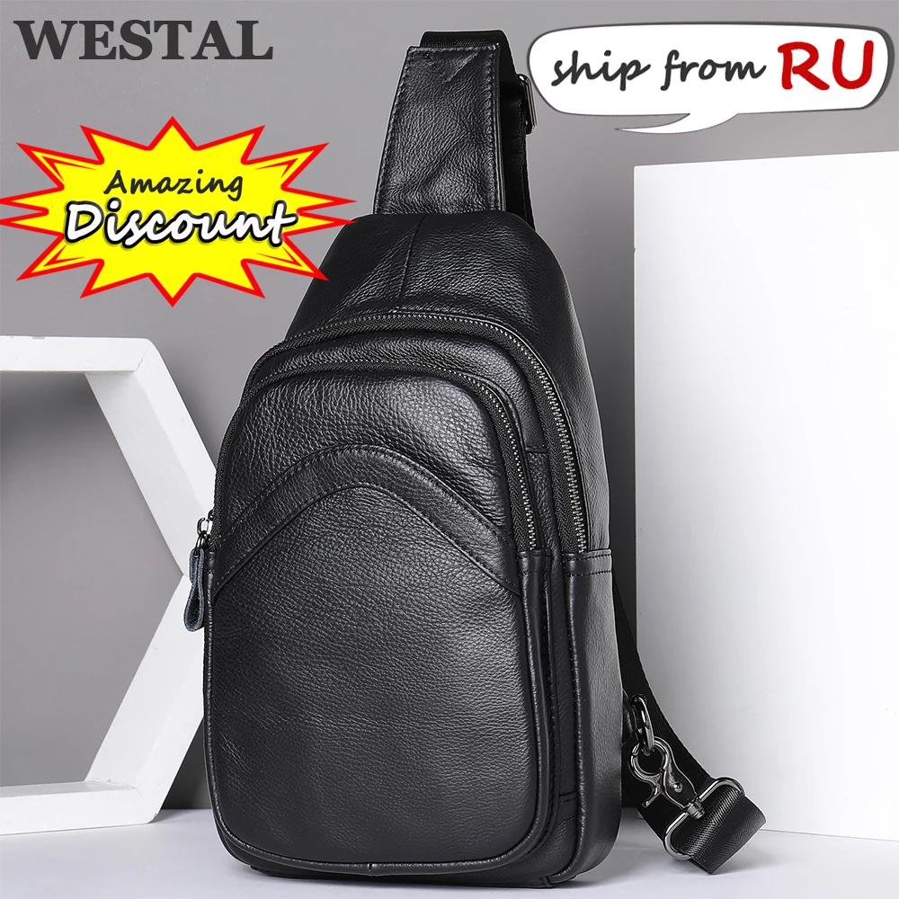 

WESTAL Genuine Leather Chest Bag Men's Shoulder Messenger Bag Man Sling Bags Travel Day Pack Black Designer Crossbody Pack 9000