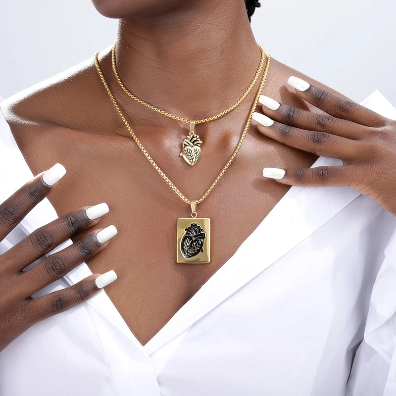 

Anatomical Human Heart Necklace New Titanium Steel Set On Rectangle Pendant Cardiac Collier Femme Women Men Punk Jewelry