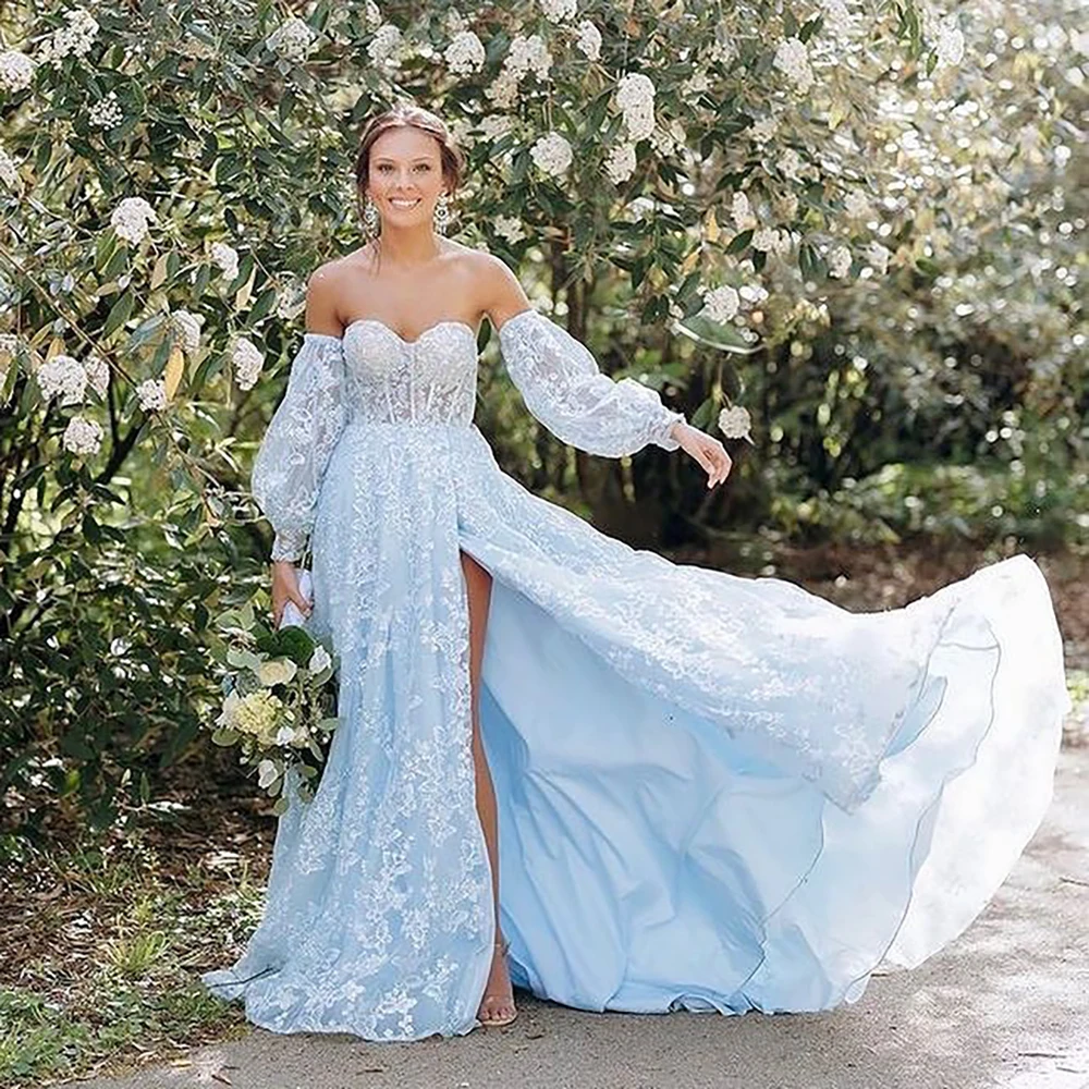 

Вечерние платья для женщин, элегантные роскошные кружевные платья с пышными рукавами и открытыми плечами, синие платья для выпускного, длин...