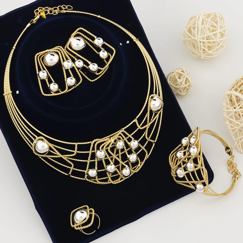 

Dubai Jewelry Sets Women African Bride Bracelets Wedding Golden Metal Jewelry Sets For Female Big Collar Necklace Earrings Set