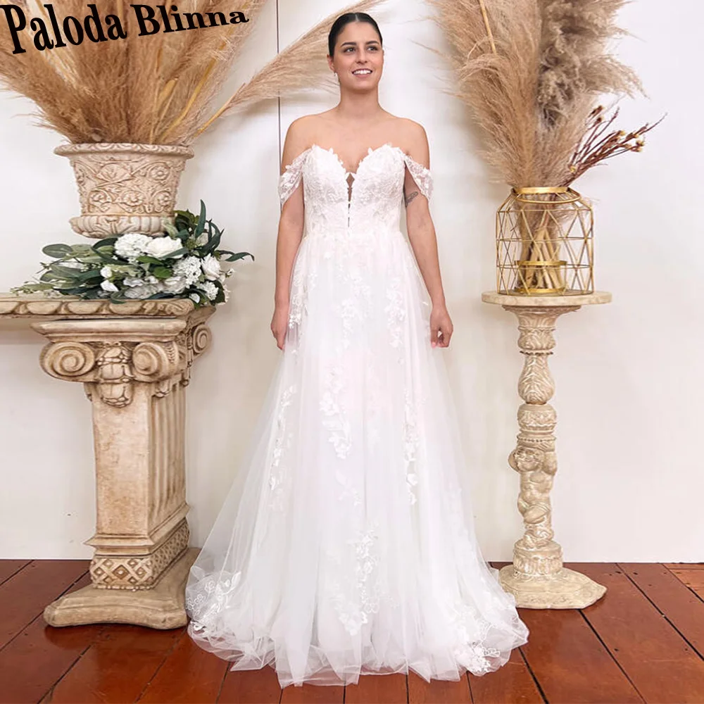 

Paloda Attractive Off The Shoulder Wedding Dresses For Women Backless V-Neck Pleat Court Train Tulle Robe De Soirée De Mariage