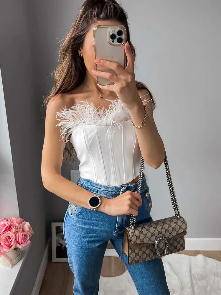 

Кроп-топ TRAF женский с перьями, корсет с крючком, блузка с открытыми плечами, пикантный модный топ-труба, лето 2022