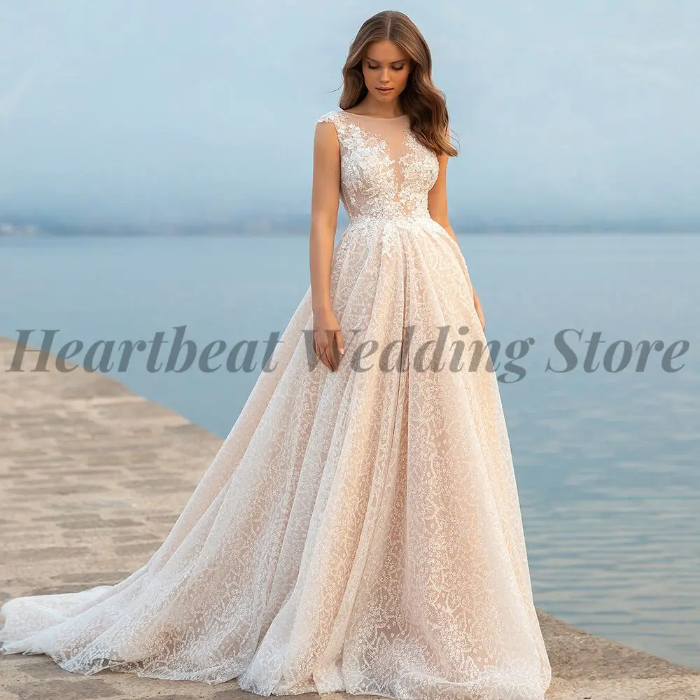 

2023 Classic A-Line Wedding Dress with Boat Neck Sleeveless Court Train and Applique Pearls Beads Sequins for Brides Bridal Gown