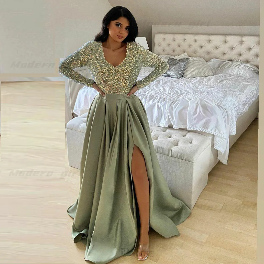 

Amazing Sequin A-Line Prom Dresses 2023 V-Neck Sexy High Slit Satin Green Long Sleeves Formal Evening Gowns Vestidos De Gala Hot