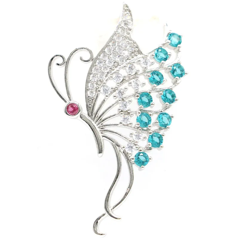 

48x29mm Beautiful Butterfly 3.9g Blue Aquamarine Pink Tourmaline Kunzite CZ Women Gift Silver Pendant Daily Wear