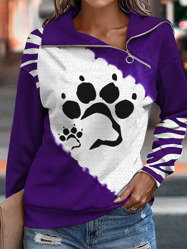 

Women Pullover Dog Paw Print Sweatshirts Irregular Skew Collar Zipper Long Sleeve Top Loose Comfortable Blouses New Casual Shirt