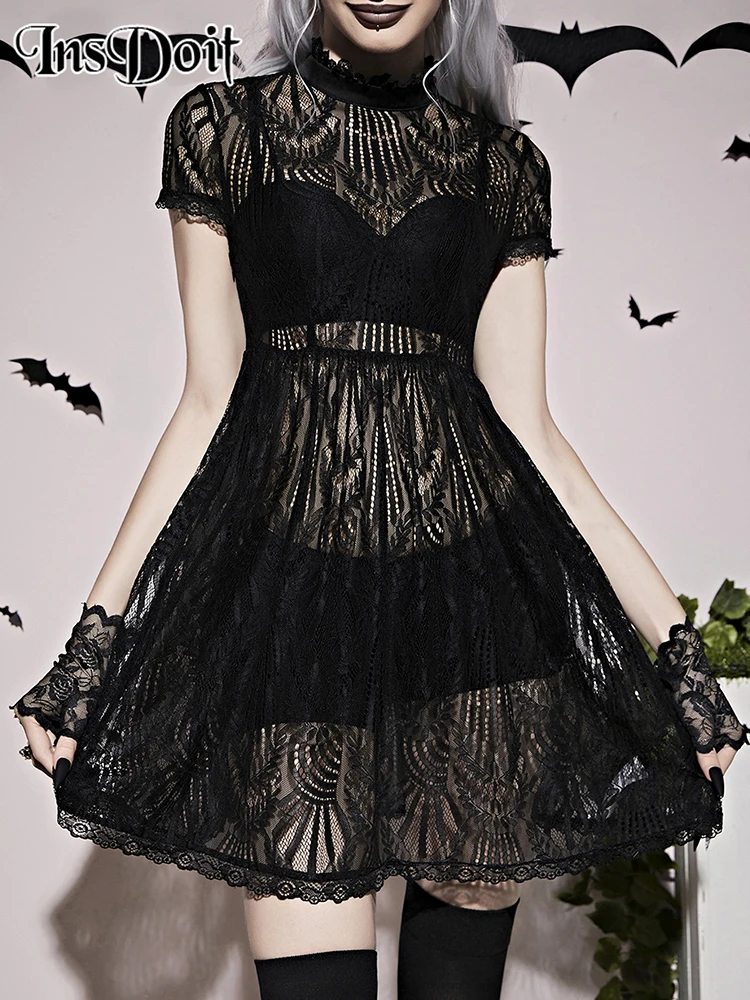 

InsDoit Goth Cut Out Black Summer Dress Women Short Sleeve Turtleneck Lace See Through Sexy Mini Dress Elegant Party Club Dress