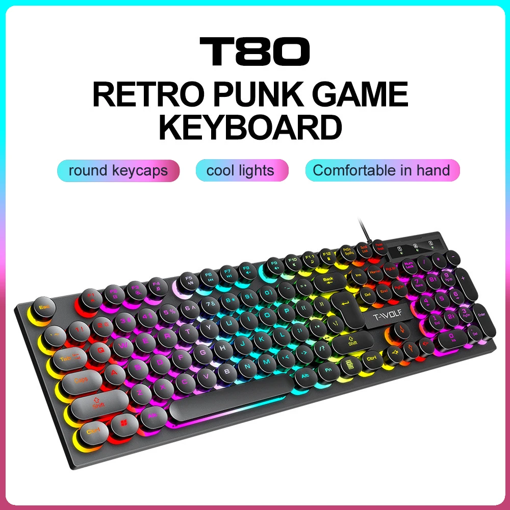 

104 Keys Colorful Backlight Round Punk Keycaps Keyboard With Mechanical Feel Gaming Office Accessories For Laptop Computer