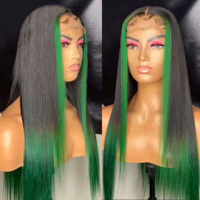 Green Highlight Colored Lace Front Wig Straight Green Black Ombre Wigs For Women Human Hair 4x4 HD Transparent Lace Closure Wig