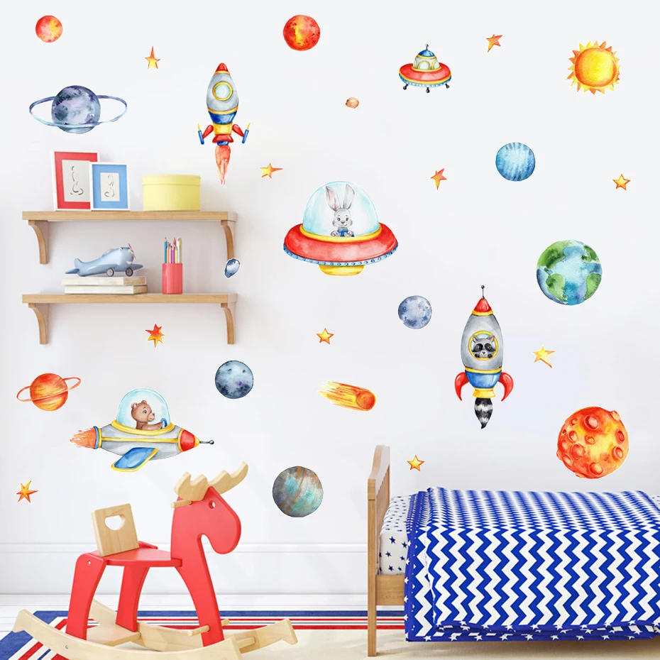 

Cartoon Cosmic Spaceships Planets Sun Watercolor Vinyl Nursery Wall Decal Print Child Kids Boys Room Interior Home Decor