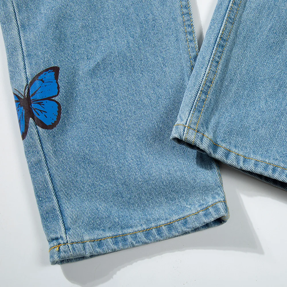 Vintage Butterfly Print Jeans for Men Loose Baggy Jeans Casual Denim Pants Streetwear Straight Fashion Long Trousers Clothing