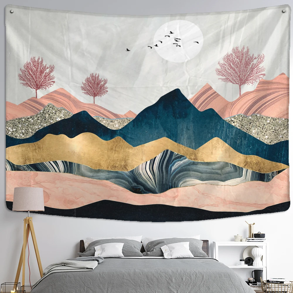 Geometric Peak And Forest Tapestry Wall Hanging Bohemian Style Aesthetic Room Landscape Painting Room Home Decor