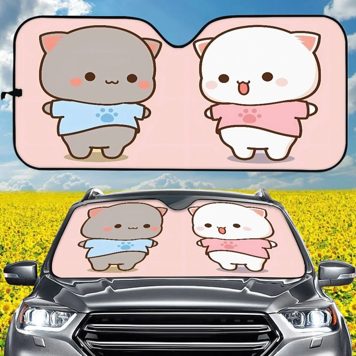 

New Kawaii Two Peaches Cat Pattern Car Sun Shade for Woman Men Brand Design Washable UV Printing Windshield Covers Custom Image