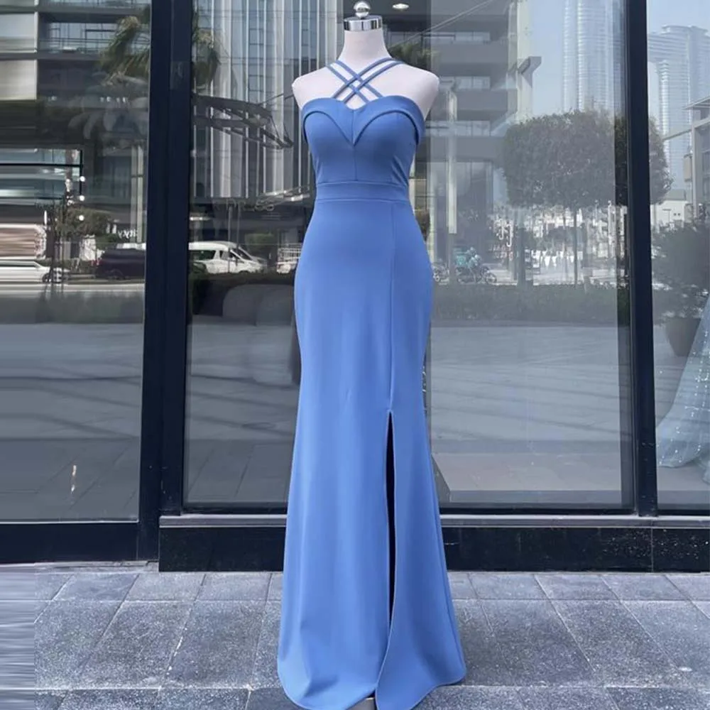 

Blue Jersey 2022 Evening Dresses Halter Party Dresses Elegant For Women Side Split Wedding Guest Party Gowns Robes De Soirée