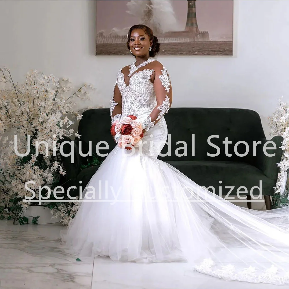 

Arabic Custom Made Mermaid Wedding Dresses Lace Crystals Sheer Neck Long Sleeve Sweep Train Vintage Sexy Bridal Gowns 2023