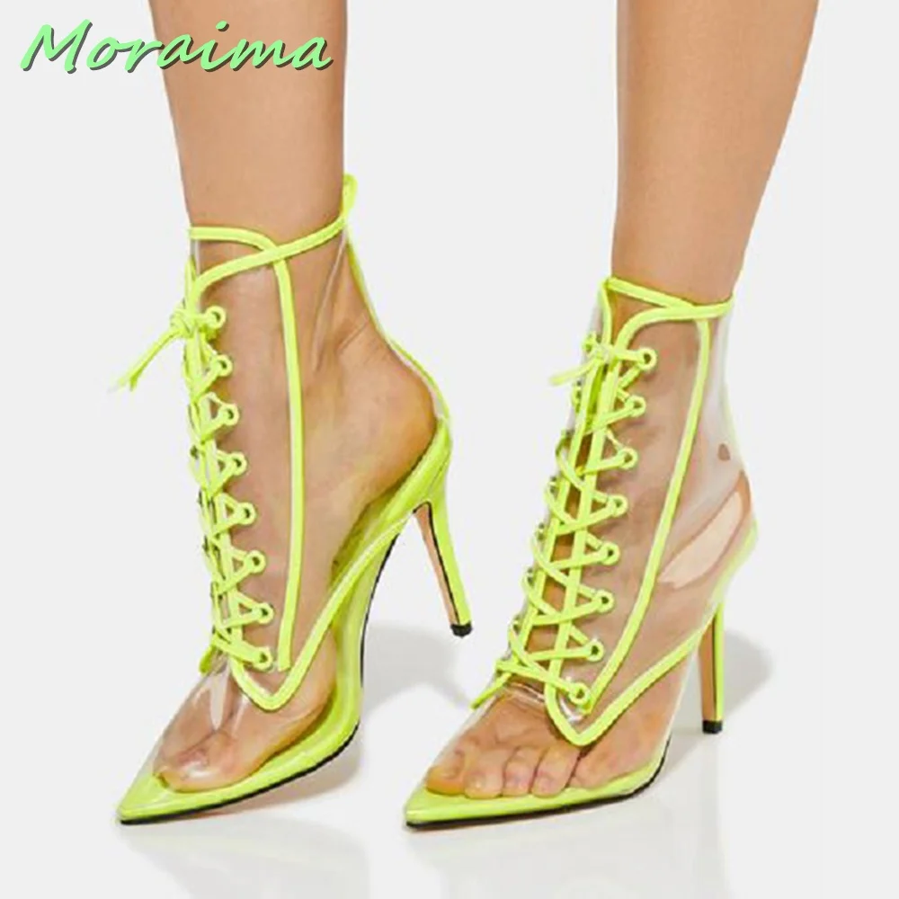 

Clear PVC Pointed Toe Lace Up Sandals Stiletto High Heel Sexy Yellow Solid Sexy Fashion Women Shoes Summer European Style Newest