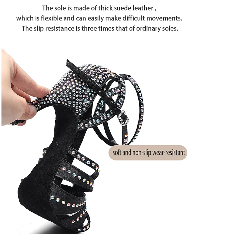Woman Black Nude Nude Strappy Knot Crystal Latin Performance Dance Shoes Suede Sole Ballroom Salsa Dancing Shoes 3.5 Heel