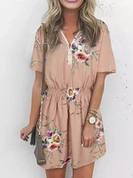 women retro floral print elastic waist mini dress sexy v neck zip short sleeve dress summer fashion lady dresses