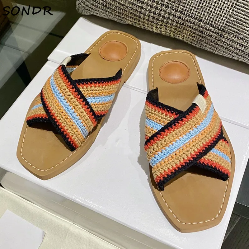 

Шлепанцы женские с перекрестной шнуровкой, пляжные сандалии-гладиаторы, роскошные дизайнерские, плоская подошва, Повседневная летняя обув...