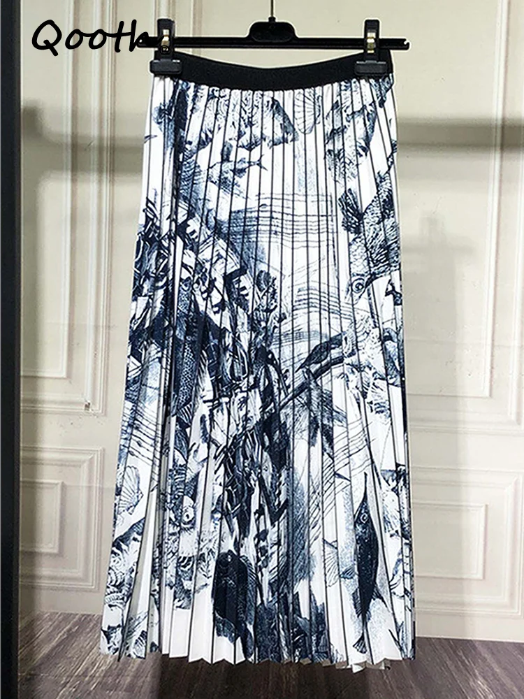 

Qooth 2022 Spring Summer High Waist Ink Print Pleated Skirts Women's Mid-length Casual Skirt QT1678