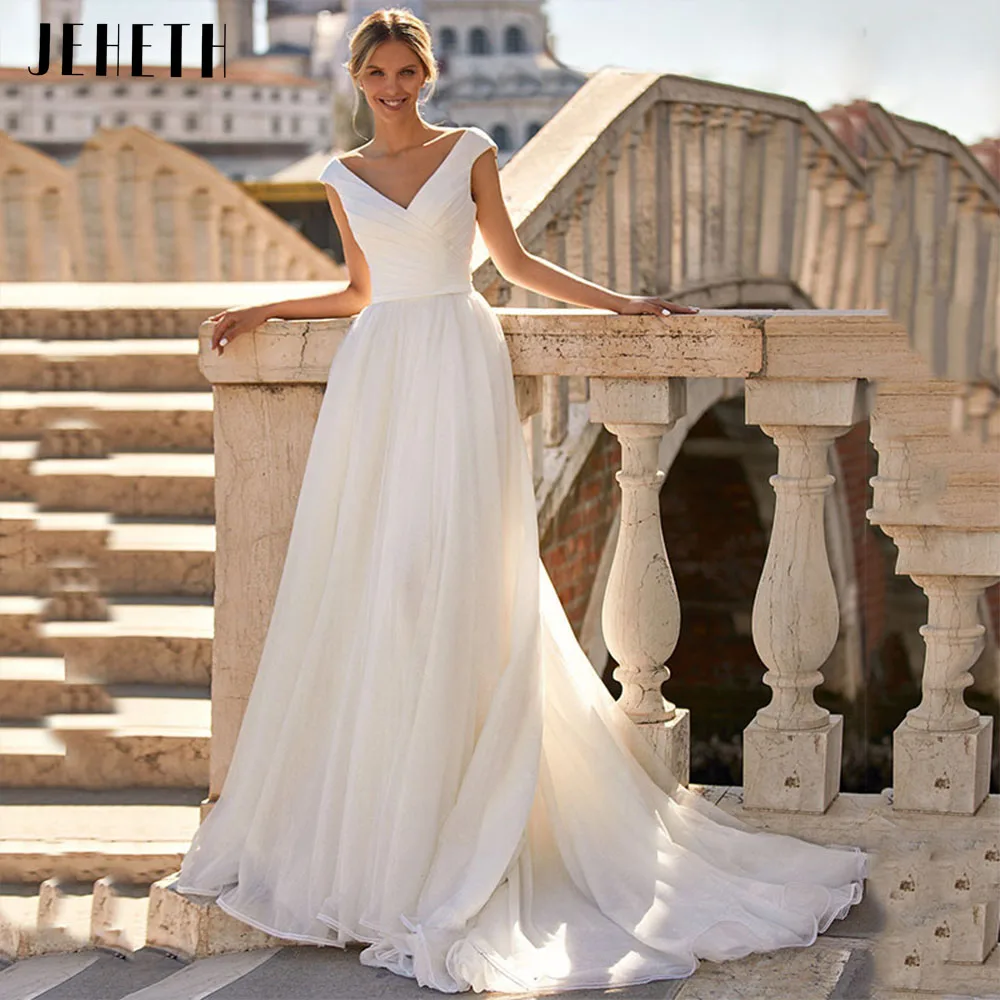 

JEHETH Elegant Cap Sleeves V-Neck Tulle Boho Wedding Dress Women Princess Backless Pleats A Line Bridal Gown Vestidos De Novia