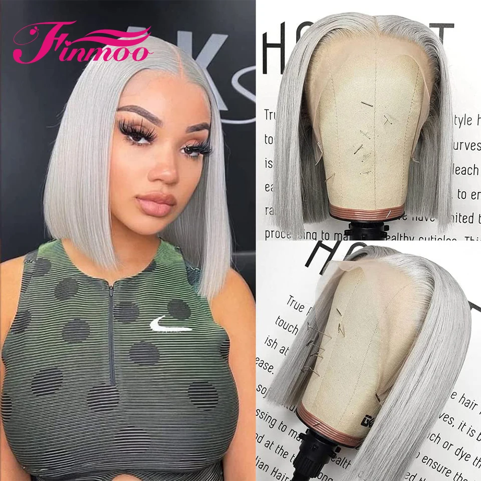 Short Silver Grey Bob Lace Front Wig Human Hair Brazilian Straight 13x4 Lace Front Human Hair Wigs For Women On Sale Clearance