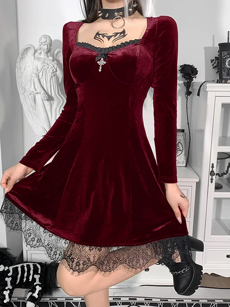 Женское бархатное платье с длинным рукавом высокой талией