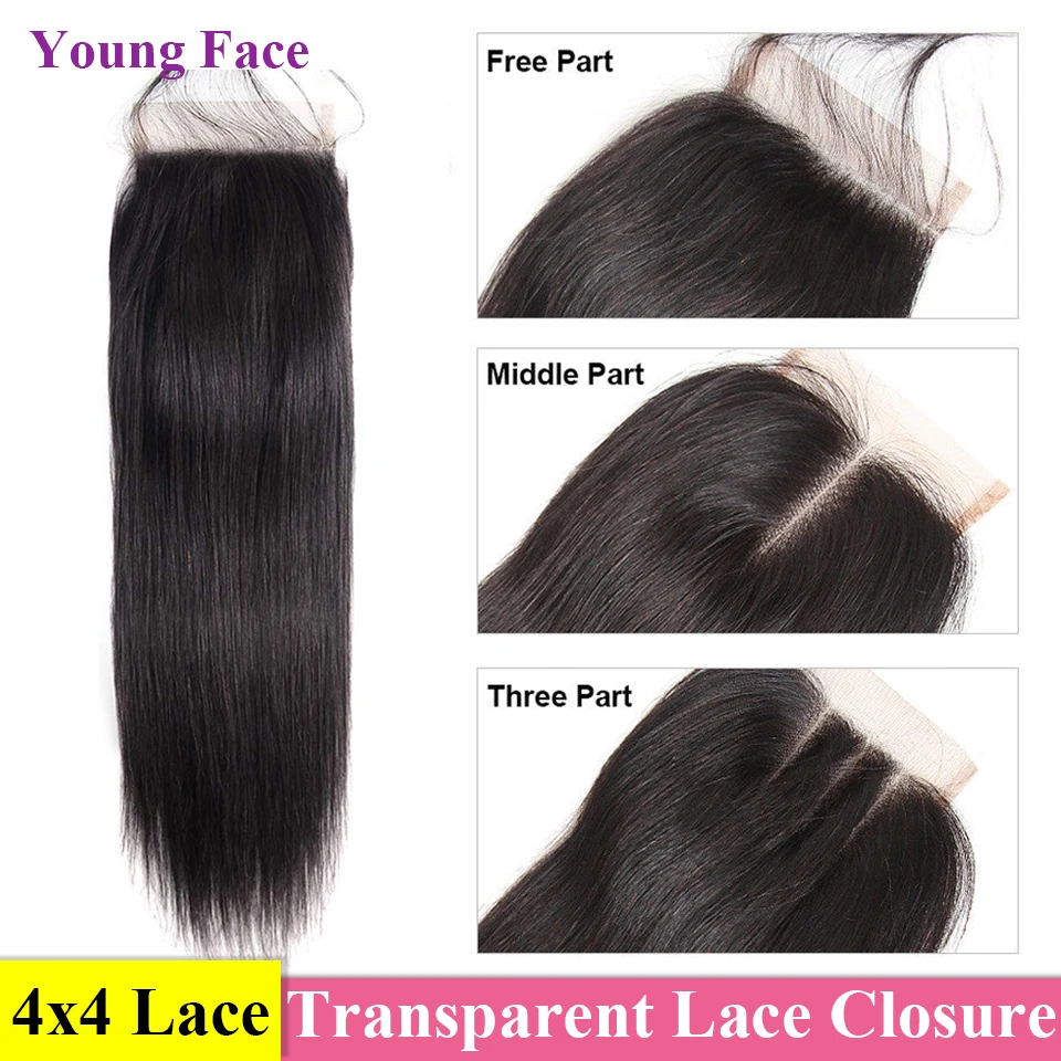 

4x4 Lace Closure Piece Brazilian Human Hair Straight Transparent Lace Closures Only Free/Middle/Three Part Natural Pre Plucked