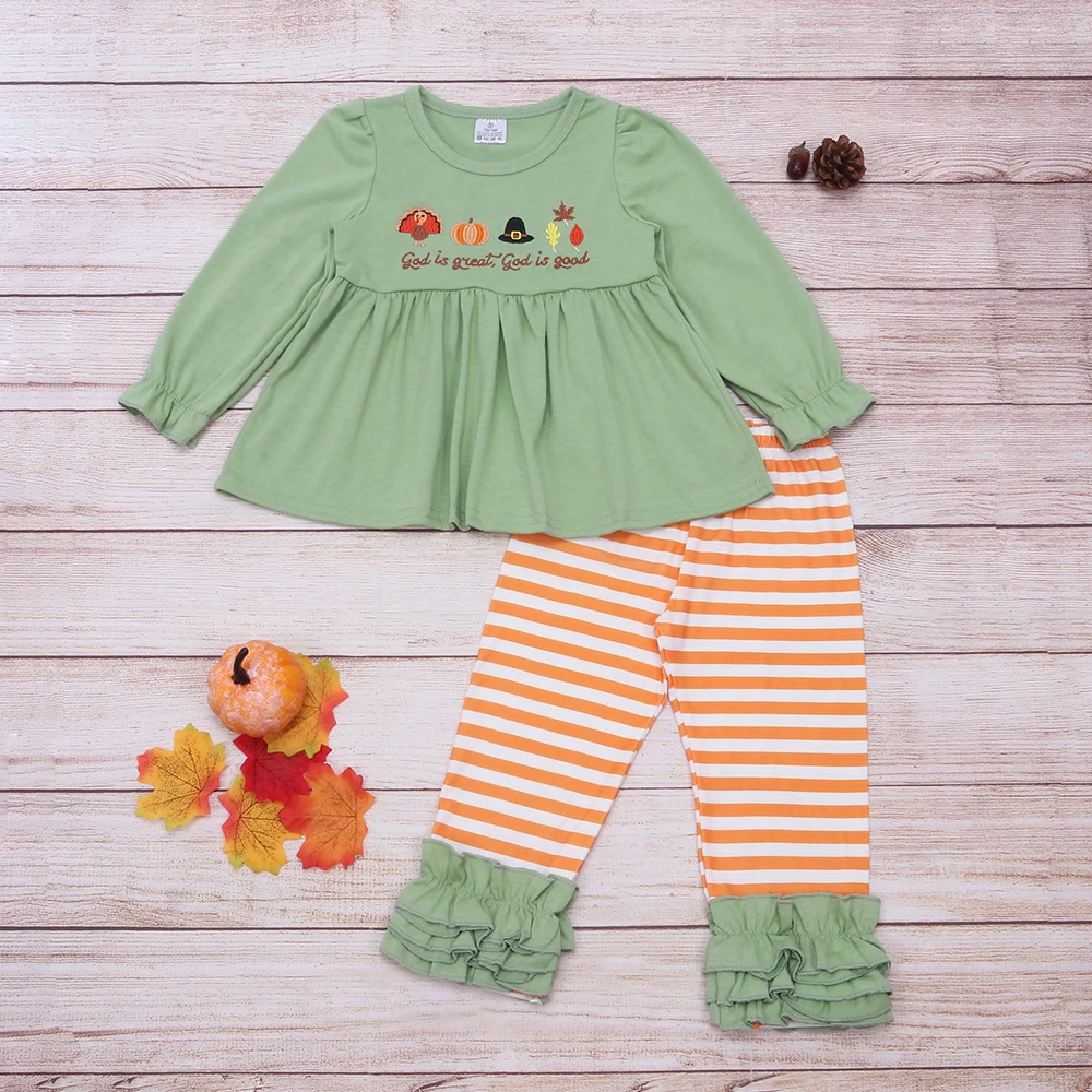 

Toddler Baby Girl Clothes Set Kids Turkey Embroidery Bodysuit Thanksgiving Long Sleeve Stripe Pants Suit For 1-8T Babi Girls