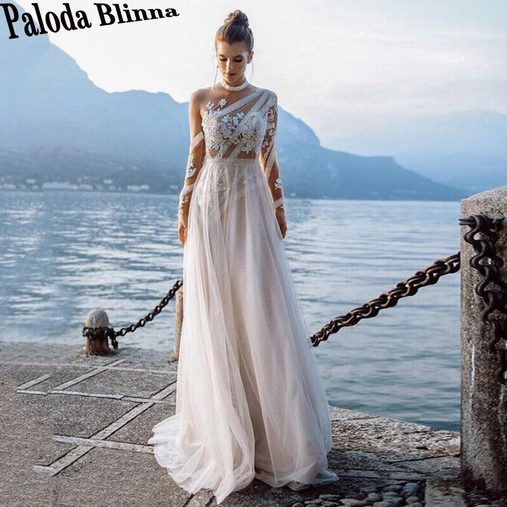 

Paloda Fancy O-Neck Button Wedding Gown For Bride Illusion Court Train Pleat A-LINE Full Sleeves Vestidos De Novia Brautmode