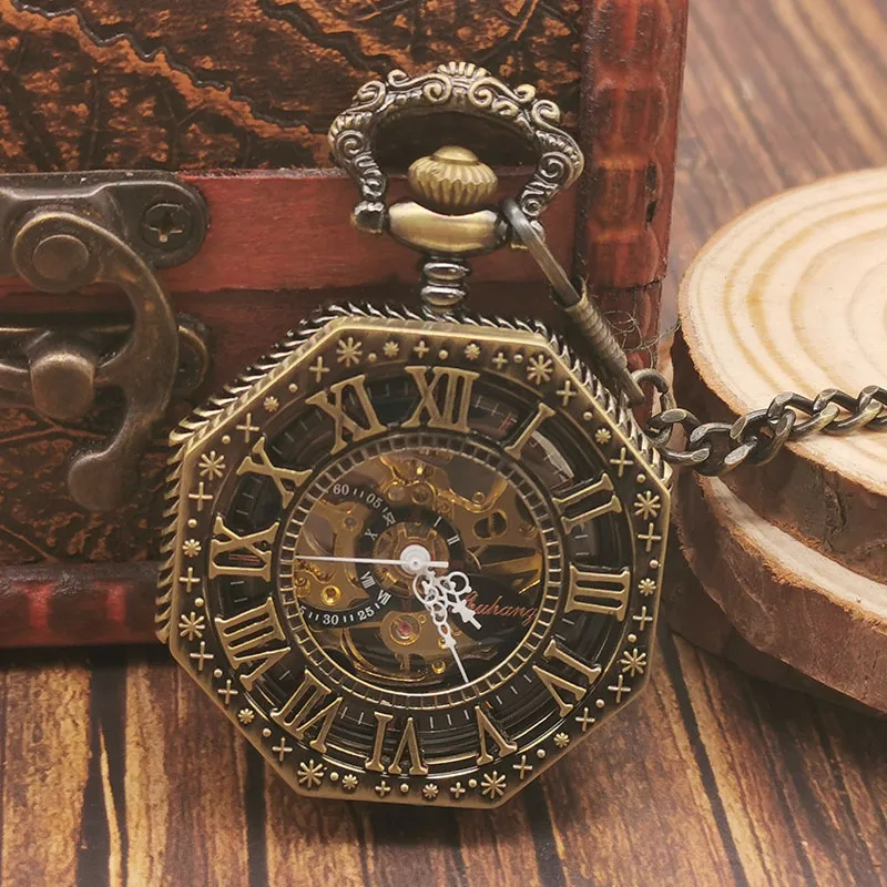

Antique Retro Mechanical Pocket Watch Men's Polygon Unique Design Pendant Chain Clock Gift for Dad Grandpa reloj de bolsillo