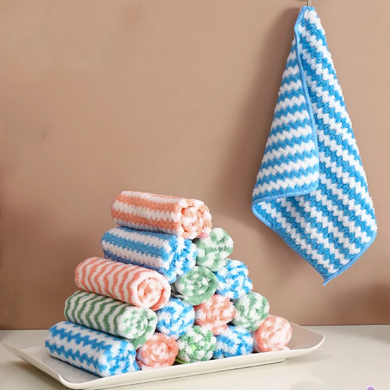 

1PC Stripe Kitchen Dish Cloth Rag Coral Fleece Dish Washing Cloth Super Absorbent Scouring Pad Home Desk Cleaning Towel 3 Colors