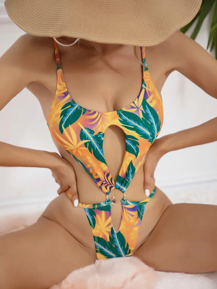 

Miyouj Leaf Print Swimsuit Sexy One Piece Suits String Swimwear Women 2022 New Hollow Out Female Swimsuits Ring Bathing Suit