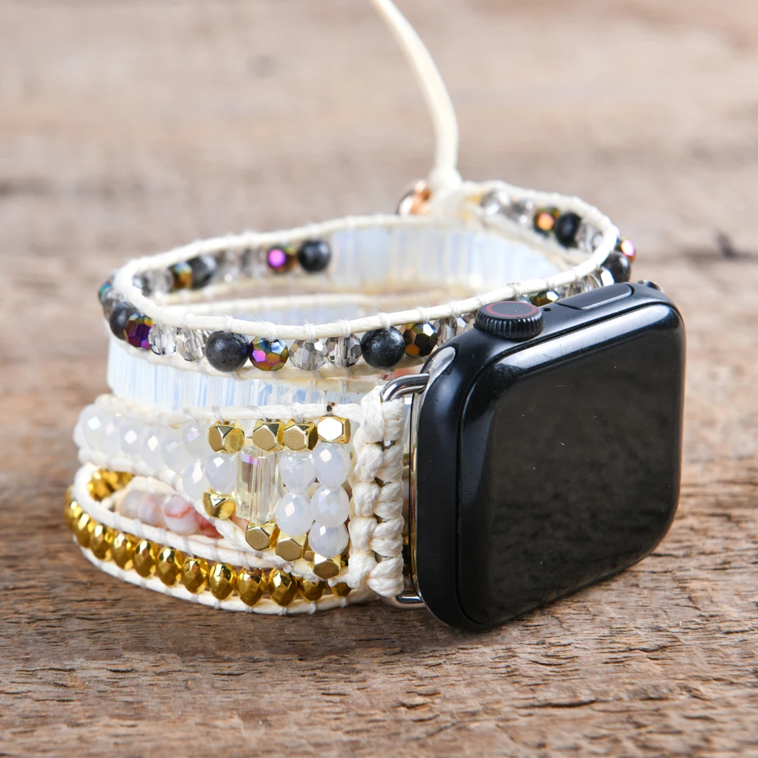 Multi Natural Stone Crystal Apple Watch Band Beads Boho 5 Wrap Wax Rope Watch Strap Vegan Wristband Holiday Gift Wholesale