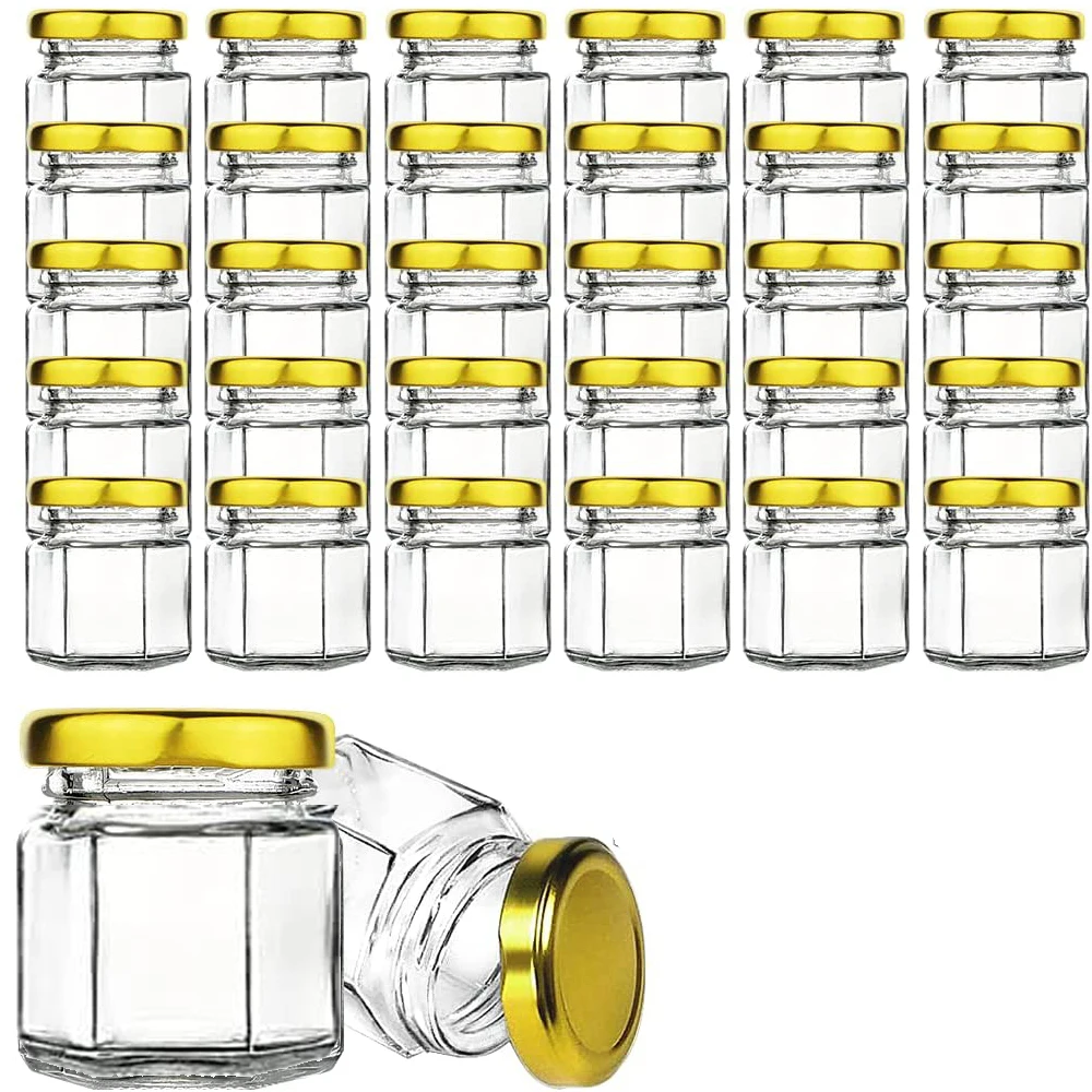 

1.5 oz (45ML) Hexagon Jars/Glass Jars with Gold Lids, Small Mason Jars for Wedding, Party Favors