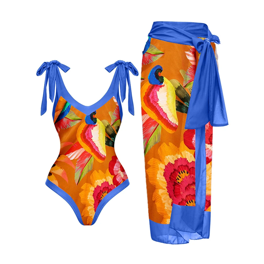 

Vintage V-Neck Colorblock Print One-Piece Swimsuit Set Women's Suit Surf Wear Red Swimwear Women With Cover Up Biquini Set